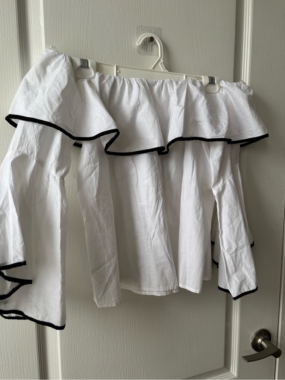 White Off-Shoulder Ruffle Top with Black Trim